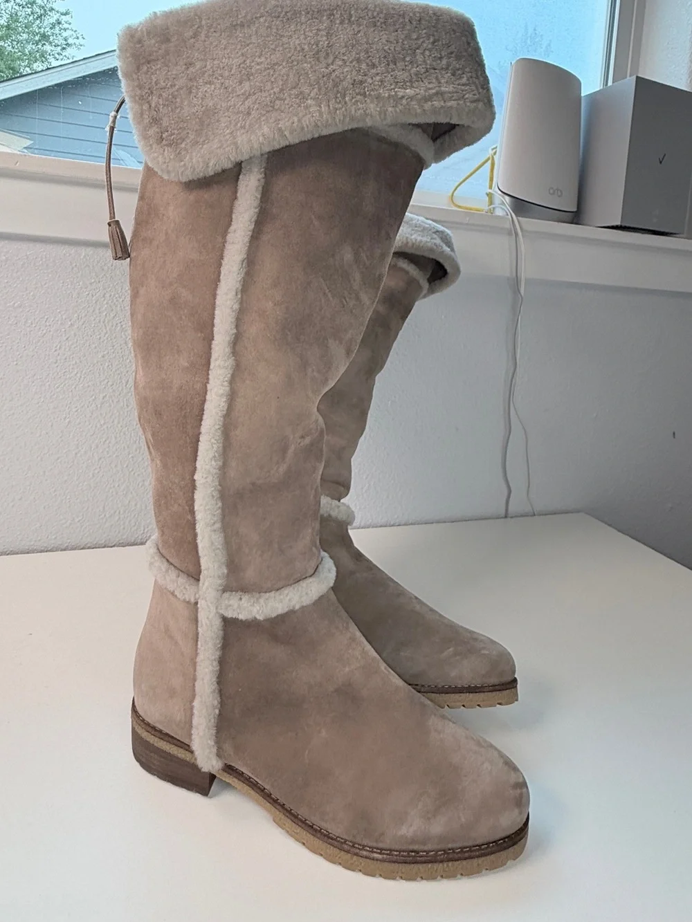 FRYE Tamara Over The Knee Shearling Boots Taupe Suede Fur Lined NWT women size 9
